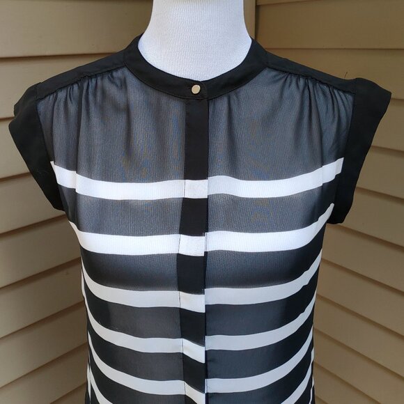 Liz Claiborne Striped Button-Up Blouse Black White Sheer High Neck Short Sleeves - Picture 4 of 11